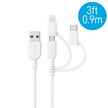 Anker A8436 PowerLine II 3ft 3-in-1 Lightning/Type-C/Micro Connector Cable - White (0.9M)